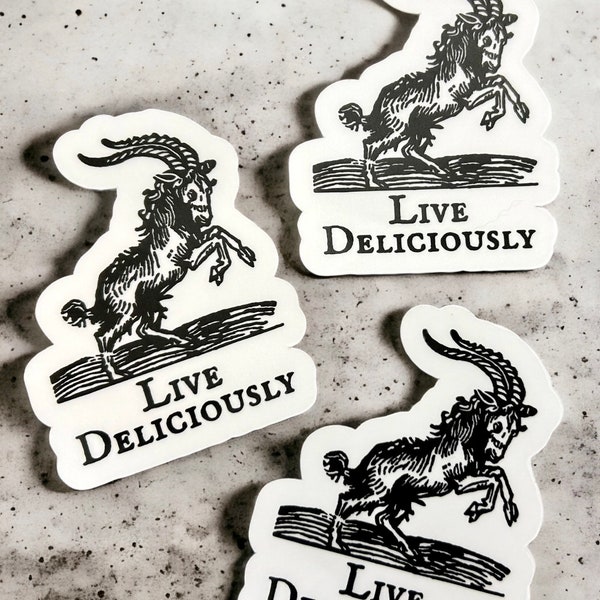 Live Deliciously Black Phillip Vinyl Stickers, Illustration Stickers, Waterproof Stickers, Gothic, Satanic, Esoteric, Occult Illustration