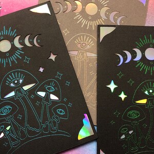 Magische Pilze handgefertigte Folienkarte, Grußkarte & Umschlag, gotische verzierte Karte, witchy Vibes, holographisch, psychedelische Kunst