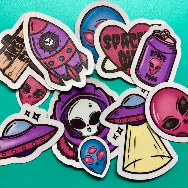 Pastel Alien UFO Vinyl Sticker Pack, Vinyl Stickers, Waterproof Stickers, Pastel Goth, Kawaii Stickers, Cute Alien Stickers