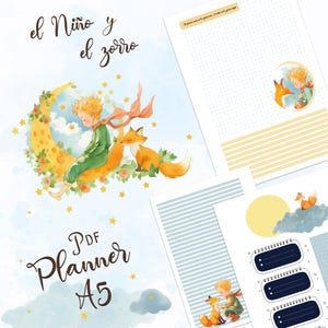 Puede incluir: Un planificador PDF con ilustraciones de "El Principito". La portada presenta al niño y al zorro en una luna creciente. El texto "El Niño y el Zorro" y "PDF Planner A5" son visibles. Páginas adicionales muestran al niño, al zorro y otras ilustraciones.