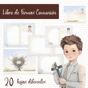 Libro de Firmas y Recuerdos Primera Comunión Niño – PDF con Hojas decoradas de Escritura, Huellas Digitales y escenarios PDF imprime fácil