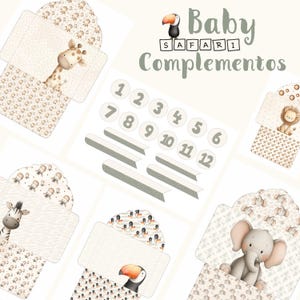 Puede incluir: Juego de papelería con temática Baby Safari con sobres con ilustraciones de animales, incluyendo una jirafa, una cebra, un león, un tucán y un elefante. Incluye círculos numerados y tiras de etiquetas. También se ve el texto "Baby Safari Complementos".