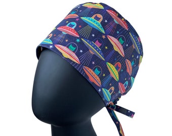 Space Cats Tieback Surgical scrub cap, for SHORT hair, funny scrub cap, funny scrub cap, cat lover scrub cap, UFO scrub cap, Space scrub hat