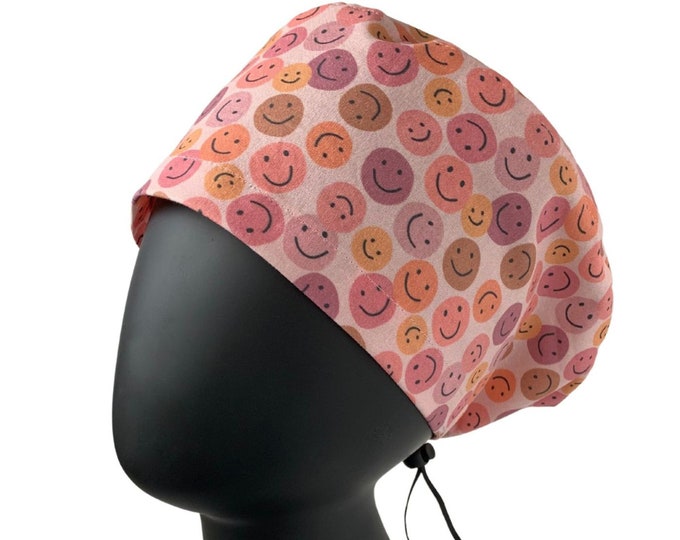 Smiley Faces Euro Surgical Scrub Cap, for MEDIUM Length Hair, Cute