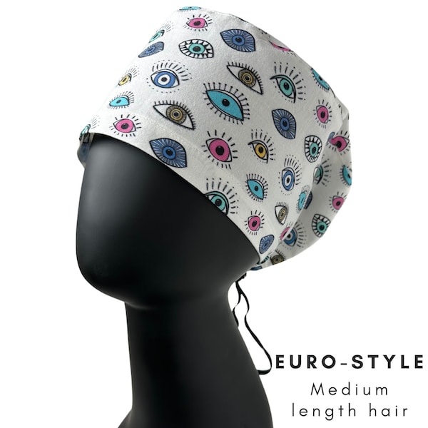 Evil Eye Euro Surgical Scrub cap, for MEDIUM length hair, for ophthalmology, eye doctor, cool scrub hat