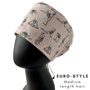 Skeleton Yoga Euro Surgical Scrub Cap, for MEDIUM length hair, funny scrub cap, Radiology, Rad Tech, Orthopedics