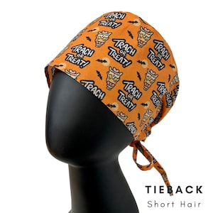 Trach or Treat Tieback Surgical Scrub cap, for SHORT hair, funny scrub cap, Halloween scrub hat, for ENT, General Surgery, RT
