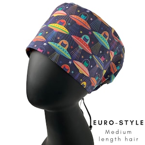 Space Cats Euro Surgical scrub cap, for MEDIUM length hair, funny scrub cap, cat lover scrub cap, UFO scrub cap