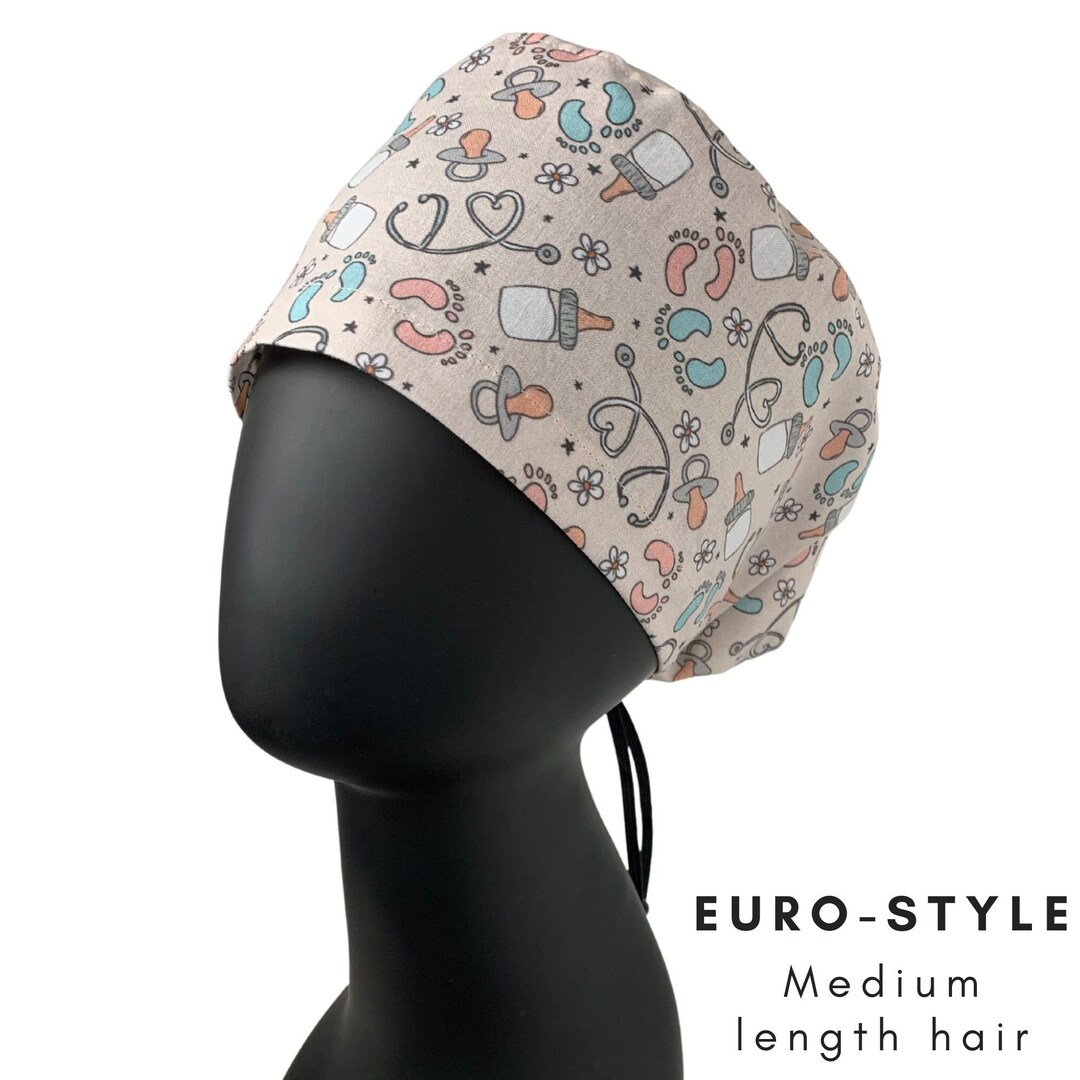 Labor & Delivery Euro Surgical Scrub Cap, for MEDIUM Length Hair, Cute Scrub Cap, OBGYN Scrub