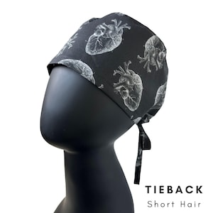 Anatomical Hearts Black Tieback Surgical scrub cap, for SHORT hair, cardiac surgery scrub cap, cardiothoracics, cardiology