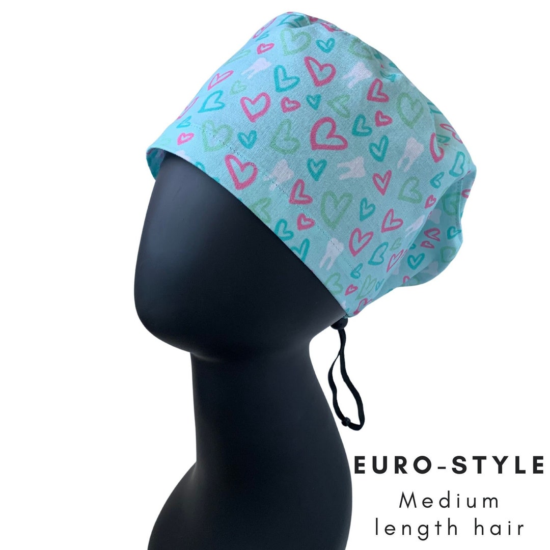 Hearts & Teeth Euro Surgical Scrub Cap, for MEDIUM Length Hair, Dental Scrub Cap, Tooth Scrub