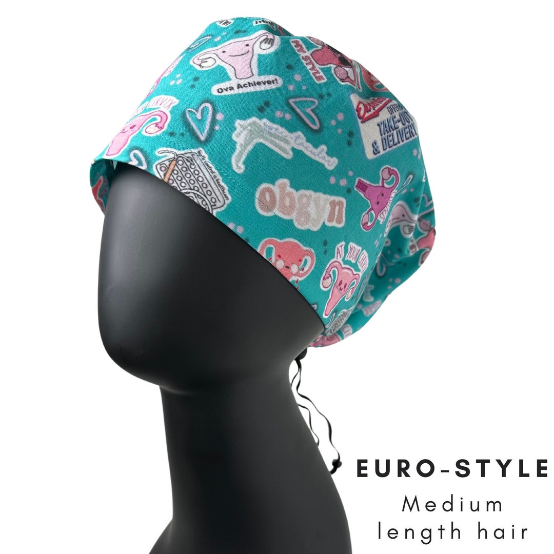 OBGYN Puns Euro Surgical Scrub Cap, for MEDIUM Length Hair, Funny Scrub ...