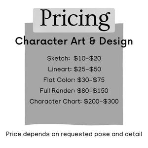 May include: A graphic with the word "Pricing" at the top, followed by "Character Art & Design." Below, a list details prices for sketch, lineart, flat color, full render, and character chart. The text "Price depends on requested pose and detail" is at the bottom.