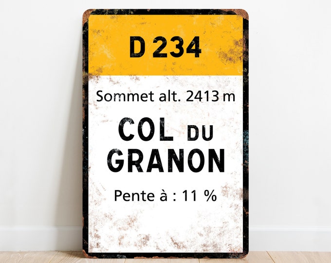 Col du Granon - Plaque de signalisation routière à vélo Tour de France style vintage - Cadeau pour cycliste