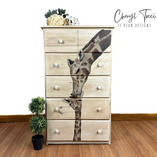 Custom Hand painted Dresser | Giraffe Bureau | White Wash Wood Dressing Table | Giraffe Mom