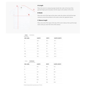 May include: A size chart for clothing with measurements in inches and centimetres. The chart shows the length, width, and sleeve length for sizes S through 4XL.
