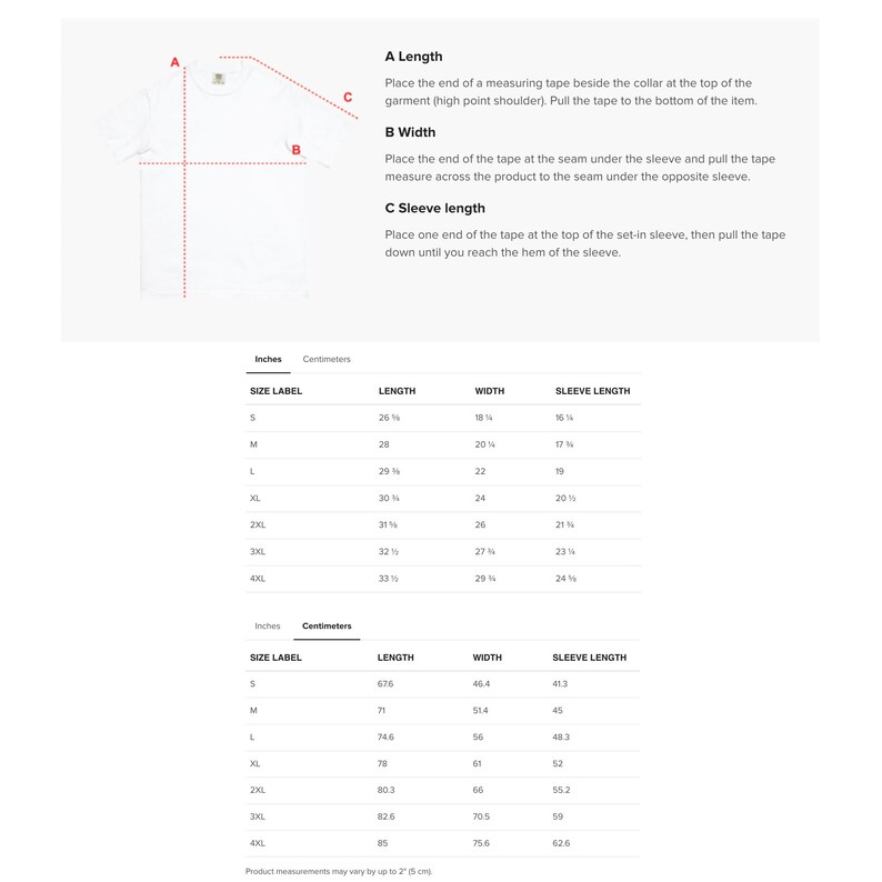 May include: A size chart for clothing with measurements in inches and centimetres. The chart shows the length, width, and sleeve length for sizes S through 4XL.