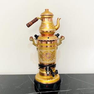 2.5 lt-Yellow Electric Copper Samovar - Tea Set with Thermostat, Upright Teapot, Hand-Embroidered Water Boiler, Wedding and Home Gift