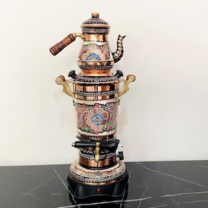 2.5 lt-Rainbow Electric Copper Samovar - Tea Set with Thermostat, Upright Teapot, Hand-Embroidered Water Boiler, Wedding and Home Gift