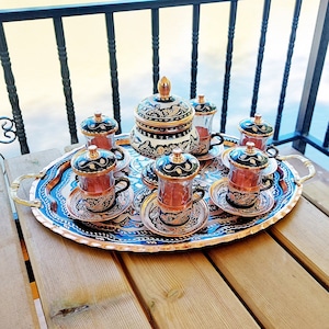 Copper Tea Set, Turkish Tea Set, Copper Serving Tray, Set of 6, Antique Tea Set, Kitchen Decor, Father&#39;s Day Gift, Handwork Set,wedding gift