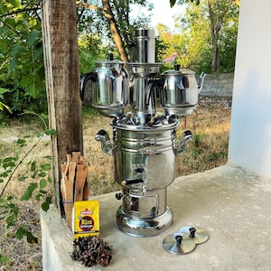 6 LT Steel Samovar 2 Teapot -Turkish Tea Set,Hot Water Boiler,Camping Kettle,Steel Wooden Samovar,Tea Samovar,Wedding-New Year&#39;s Gift