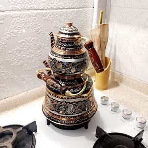 Copper Teapoti - Black Tea Set Tea Set, Embroidered Heater, Turkish Copper,Healthy Kitchen Products,Wooden Handle,Copper Kettle,Wedding Gift