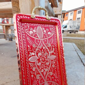 Embroidered Rectangular Tray,Coffee Tray,Serving Tray with Handles,2-3 Person Copper Tray Copper Ottoman Large Tray,Handmade Decorative Tray