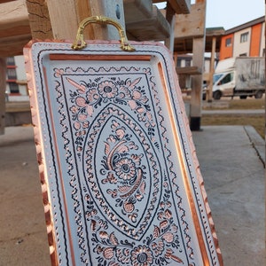 Embroidered Rectangular Tray,Coffee Tray,Serving Tray with Handles,2-3 Person Copper Tray Copper Ottoman Large Tray,Handmade Decorative Tray