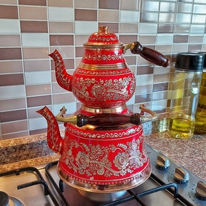 Copper Teapoti - Red Tea Set Tea Set, Embroidered Heater, Turkish Copper, Healthy Kitchen Products, Wooden Handle,Copper Kettle,Wedding Gift