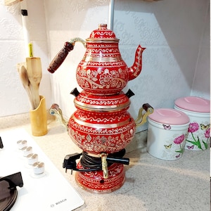 2,5 lt- Red Electric Copper Samovar - Thermostat Tea Set, Chubby Kettle, Decorative Product, Handmade Water Boiler, Wedding and Home Gift