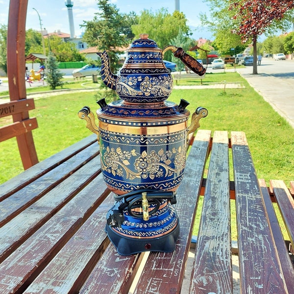 5 lt-Blue Electric Copper Samovar-Thermostat Tea Set,Cylinder Kettle,Decorative Product,Hand Embroidered Water Boiler, Wedding and Home Gift