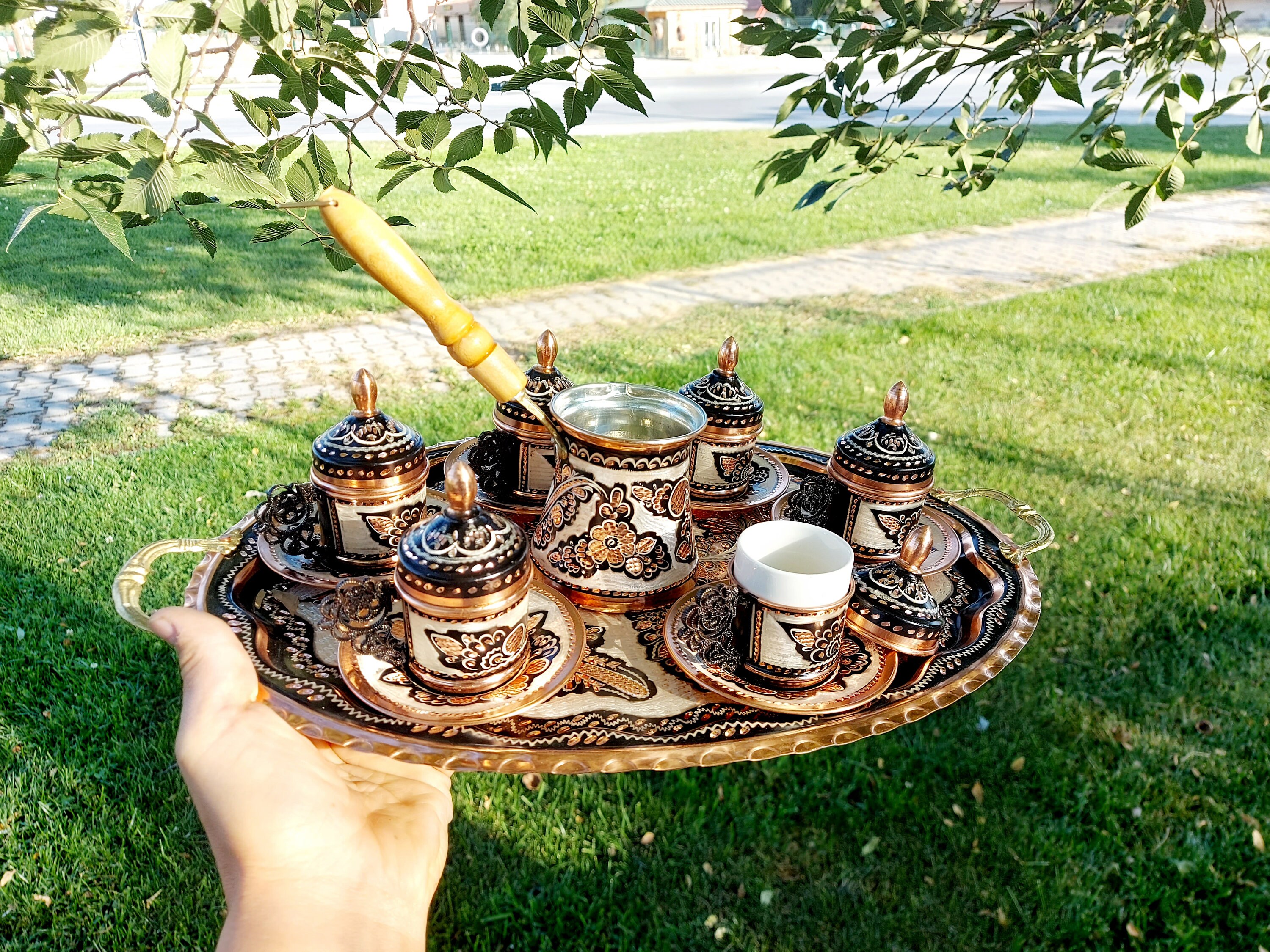 Copper Turkish Coffee Cup Set, Coffee Set for 2 Persons, Espresso Cup