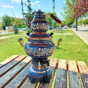 5 lt- Blue Electric Copper Samovar - Thermostat Tea Set, Chubby Kettle, Decorative Product, Handmade Water Boiler, Wedding and Home Gift