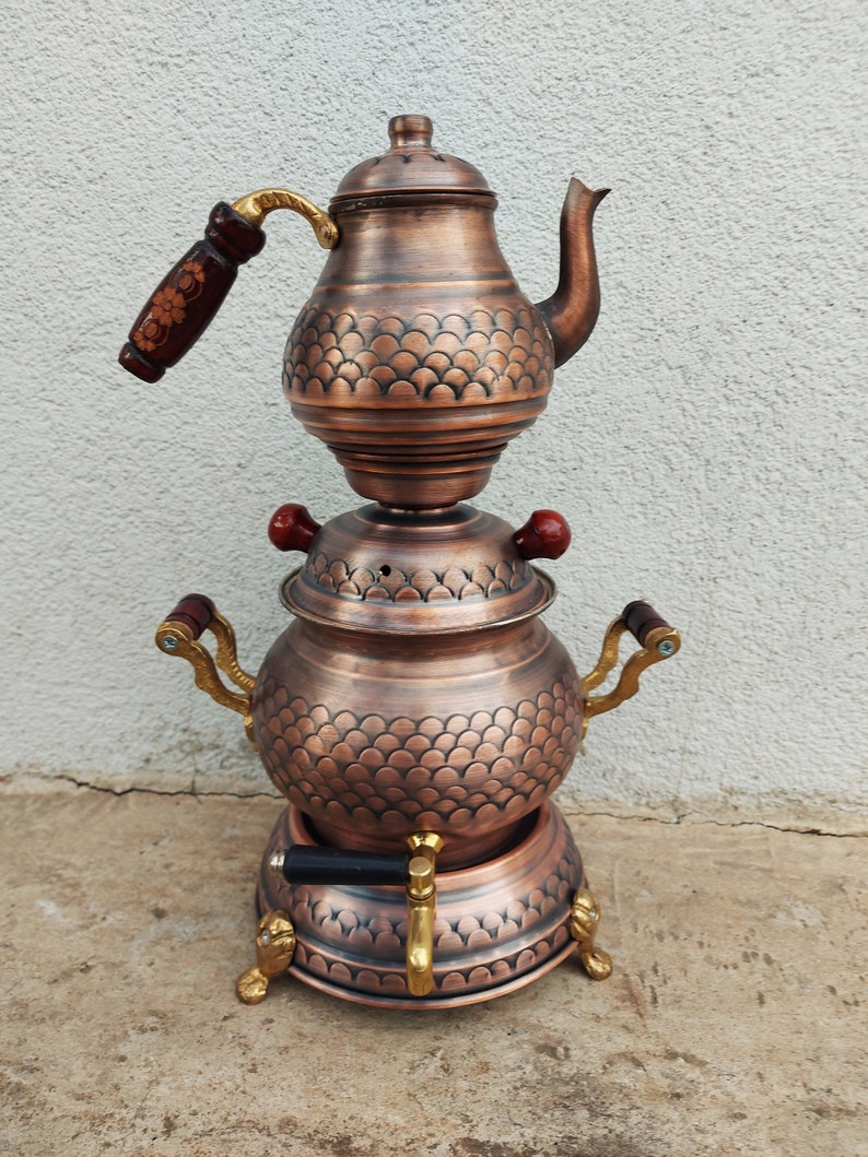 Gel Burned Copper Tea Set Turkish Copper Samovar Handmade Etsy