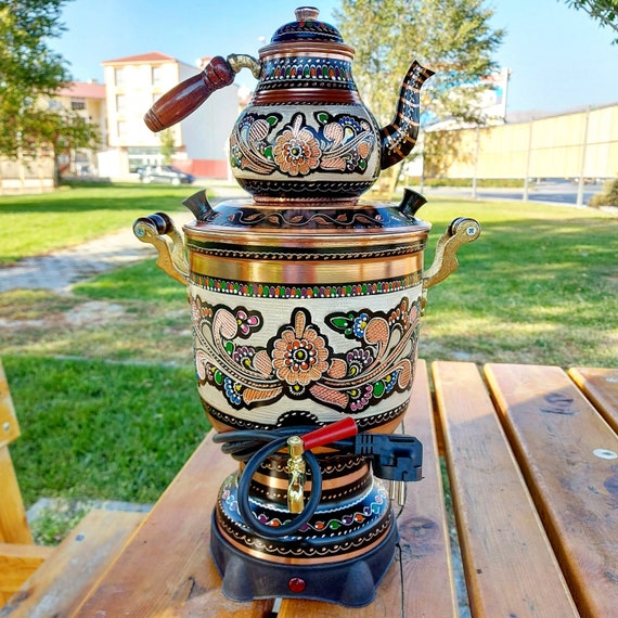 lt-Clour Electric Copper Samovar-Thermostat Tea Set,Cylinder  Kettle,Decorative Product,Hand Embroidered Water Secondary color: Black