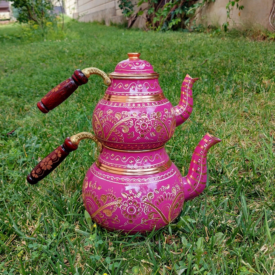 Copper Teapot Pink Tea Set Tea Set Inlay Warmer Turkish Etsy
