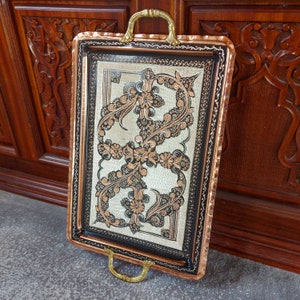Embroidered Rectangular Tray, Coffee Tray, Serving Tray with Handles,6 Person Copper Tray Copper Ottoman Large Tray,Handmade Decorative Tray