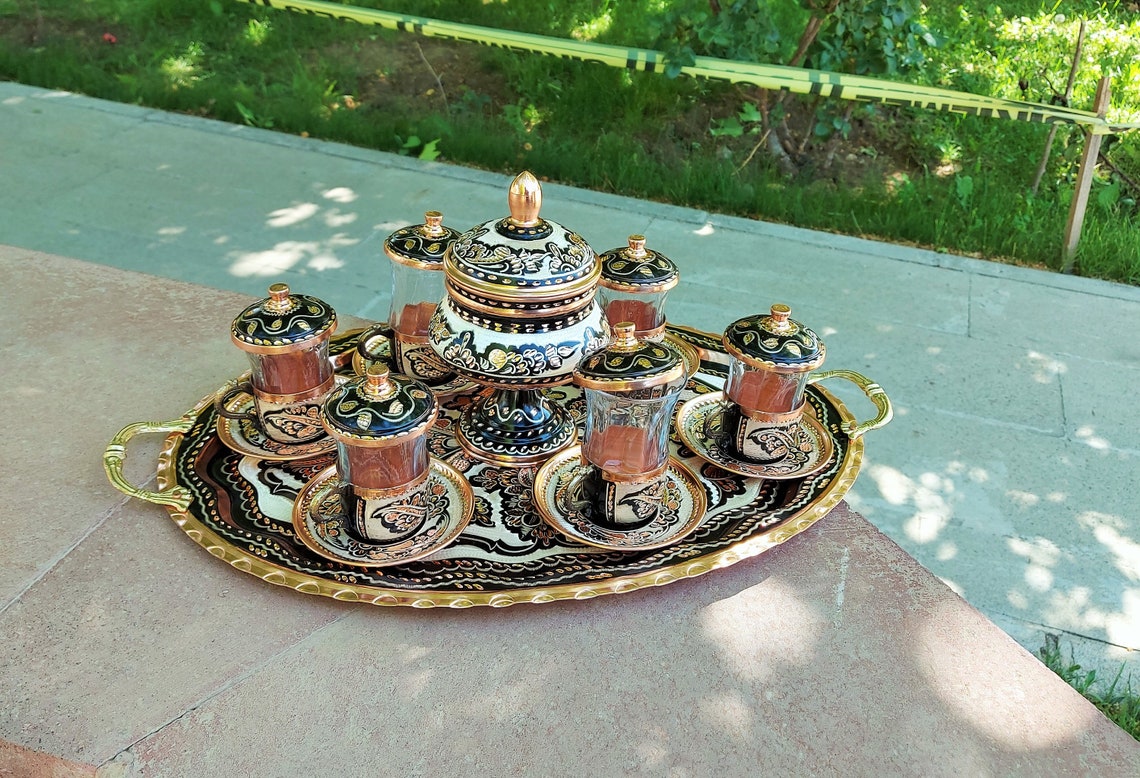 Copper Tea Set Turkish Tea Set Copper Serving Tray Set of Etsy