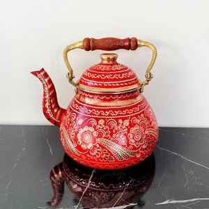 Red Copper Teapot - Embroidered Tea Set, Embroidered Kettle, Turkish Copper, Healthy Kitchen Products, Wooden Handle, Copper Teapot