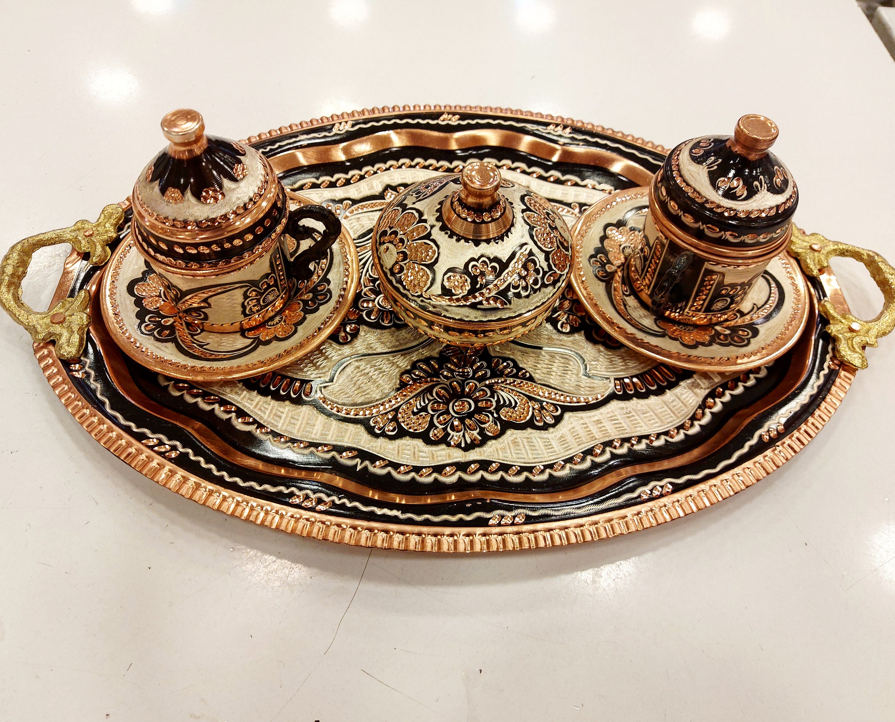 Copper Turkish Coffee Cup Set, Coffee Set for 2 Persons, Espresso Cup and Plate Set, Turkish
