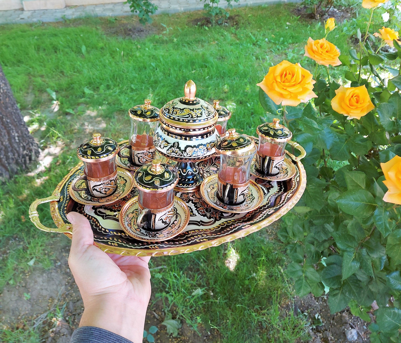 Copper Tea Set Turkish Tea Set Copper Serving Tray Set of Etsy
