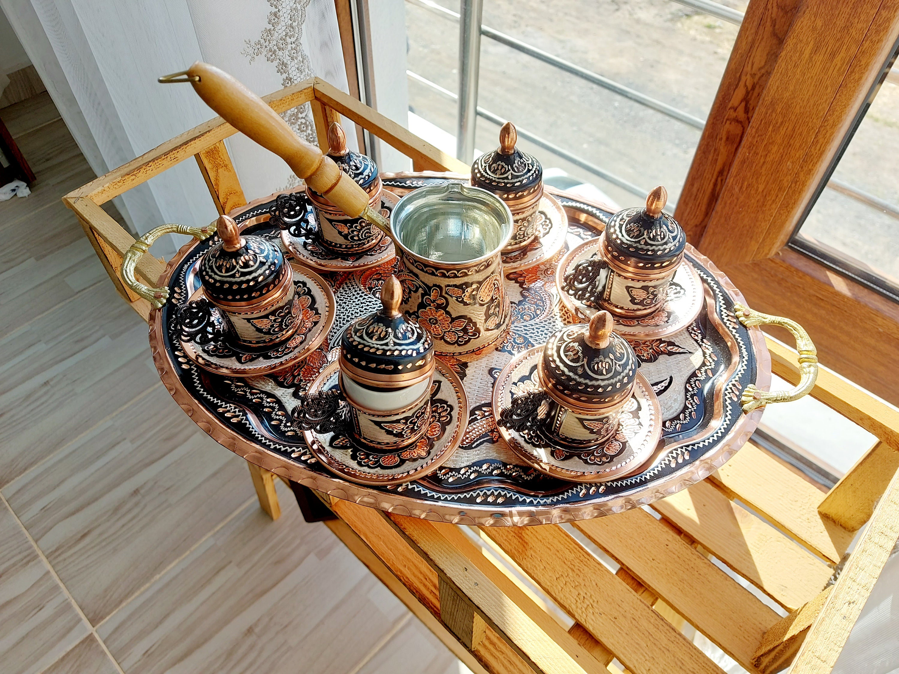 Copper Turkish Coffee Cup Set, Coffee Set for 2 Persons, Espresso Cup and Plate Set, Turkish