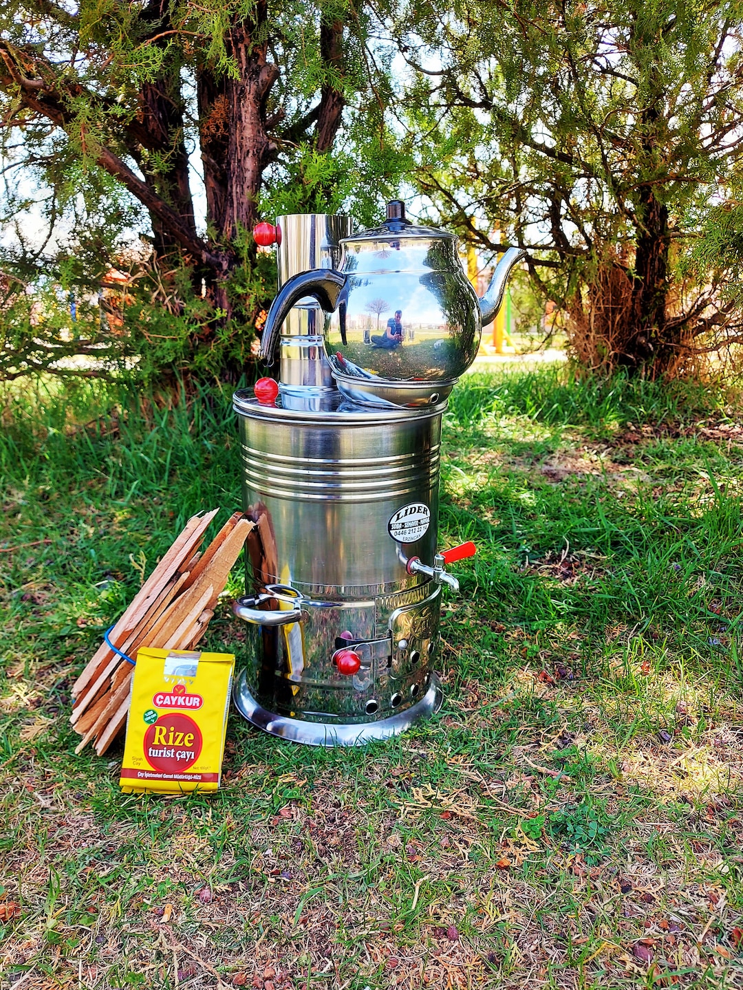 3.5リットル クローム 石炭燃焼サモワール - トルコティーセット、温水