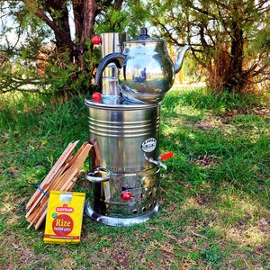 3,5 LT Chrome Coal Burning Samovar-Turkish Tea Set,Hot Water Boiler,Camping Kettle Chrome Wooden Samovar,Tea Samovar,Wedding-Christmas Gift