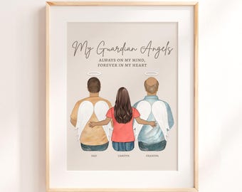 Personalized Family Memorial Print, Condolence Gift, Family Member Loss Portrait, Unique Digital Painting, 2 Two Guardian Angels in Heaven