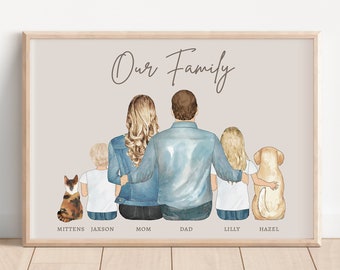 Custom Family Portrait with Pets, Christmas Gift for Mom from Daughter,Husband Gift, Housewarming Gift, New Home Gift, Personalized Wall Art