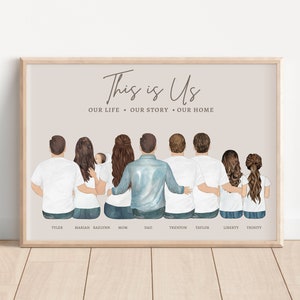 May include: A digital illustration of a family of eight, including a baby, standing together with their backs to the viewer. The text "This is Us" is above the family, and the text "Our Life Our Story Our Home" is below the family. The family is wearing casual clothing, including jeans and t-shirts.
