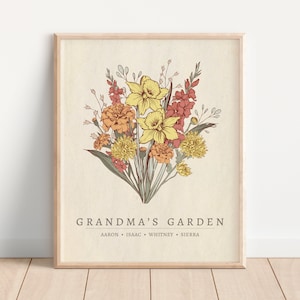 Personalisiertes Oma Geschenk, Geburtsmonat Blumenstrauß, Omas Garten, Muttertagsgeschenk, Mama Geburtstags-Andenken, Benutzerdefinierter Druck von Enkelkindern