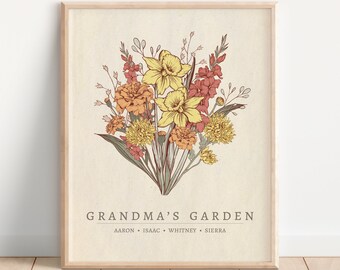 Cadeau grand-mère personnalisé, bouquet de fleurs pour le mois de naissance, jardin de grand-mère, cadeau fête des mères, souvenir d'anniversaire de maman, impression de fleur de naissance personnalisée