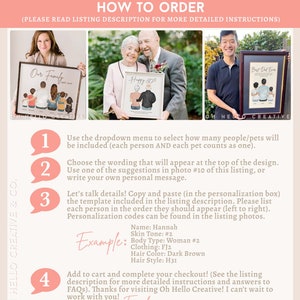 Pode incluir: Um guia ilustrado rosa e branco com quatro etapas numeradas sobre como encomendar uma ilustra&ccedil;&atilde;o personalizada. O guia inclui um pedido de amostra com uma lista de op&ccedil;&otilde;es de personaliza&ccedil;&atilde;o. O texto inclui a frase "Oh Hello Creative".